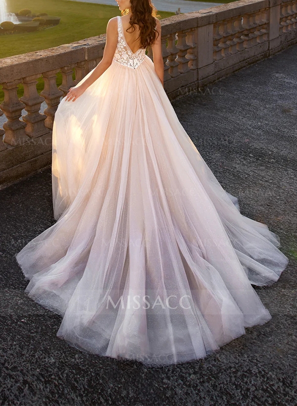 Ball-Gown V-neck Sleeveless Lace/Tulle Wedding Dresses With Appliques Lace