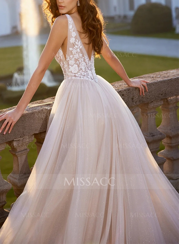 Ball-Gown V-neck Sleeveless Lace/Tulle Wedding Dresses With Appliques Lace