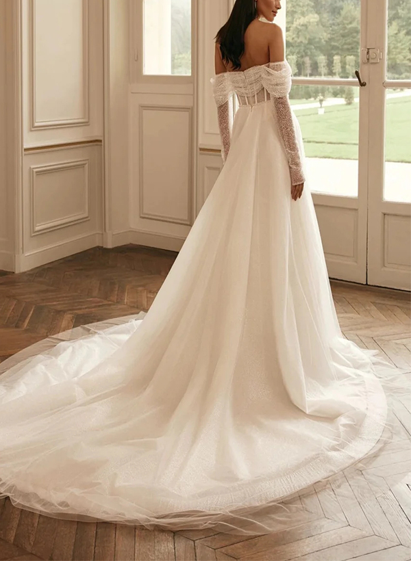 A-Line Off-The-Shoulder Long Sleeves Sequined Wedding Dresses