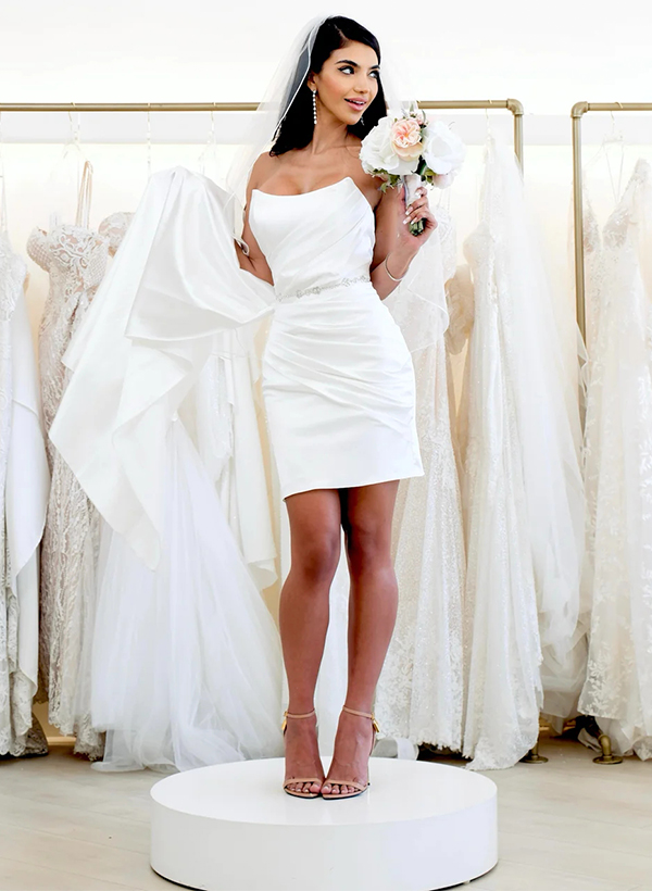 Sheath/Column Strapless Sleeveless Short/Mini Satin Wedding Dresses