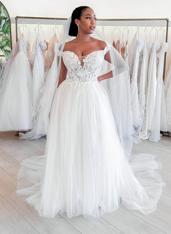 Sheath/Column Off-the-Shoulder Sleeveless Court Train Lace/Tulle Wedding Dresses