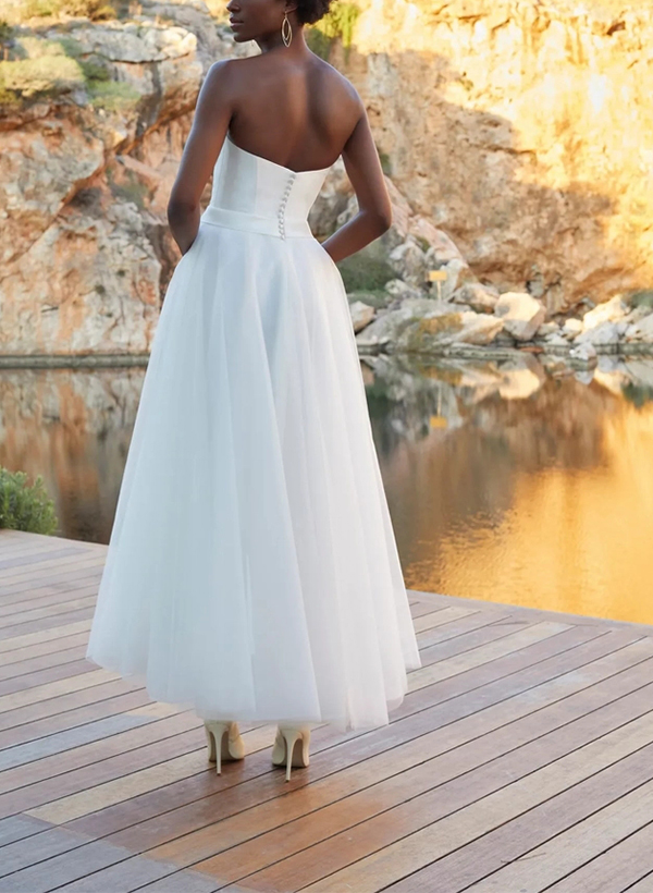 A-Line Sweetheart Sweet Ankle-Length Tulle/Elastic Satin Wedding Dresses