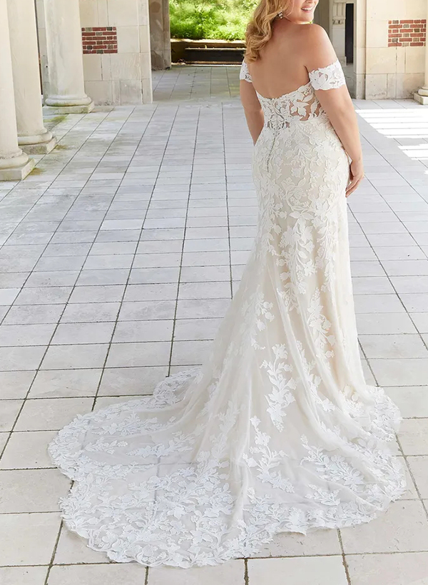 Trumpet/Mermaid Off-the-Shoulder Elegant Court Train Lace/Tulle Wedding Dresses