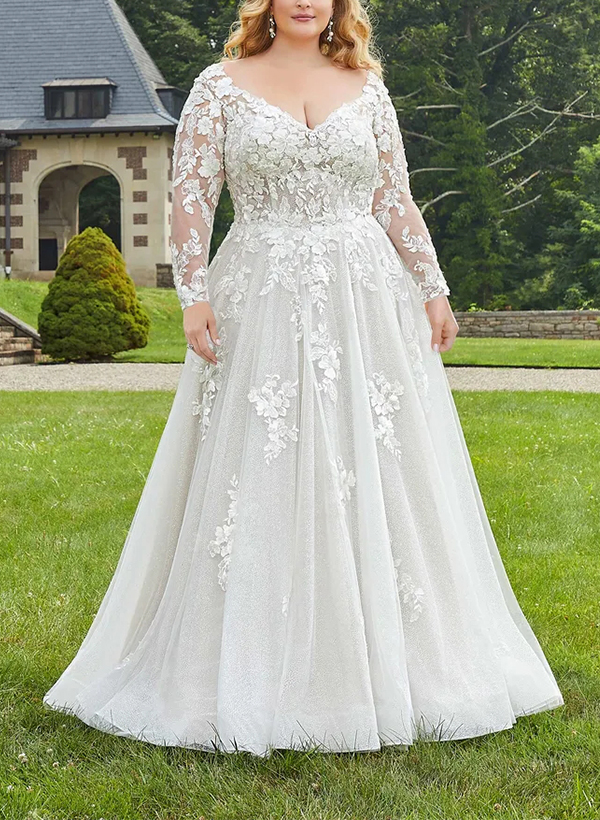 Plus Size Classic Ball-Gown Lace Long Sleeves Wedding Dresses With Crystal Beading