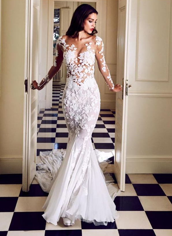 Luxury Lace Long Sleeves Mermaid Wedding Dresses - Missacc