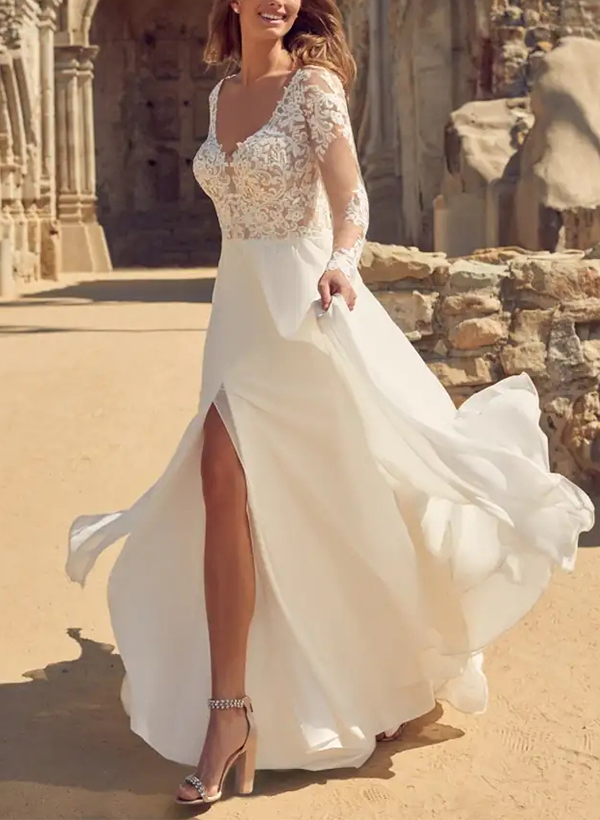 A-Line V-neck Long Sleeves Lace/Tulle Wedding Dresses With Split Front