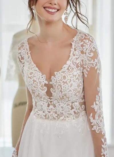 A-Line V-neck Long Sleeves Lace/Tulle Wedding Dresses With Split Front