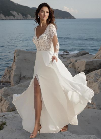 A-Line V-Neck Long Sleeves Lace/Tulle Wedding Dresses With Split Front