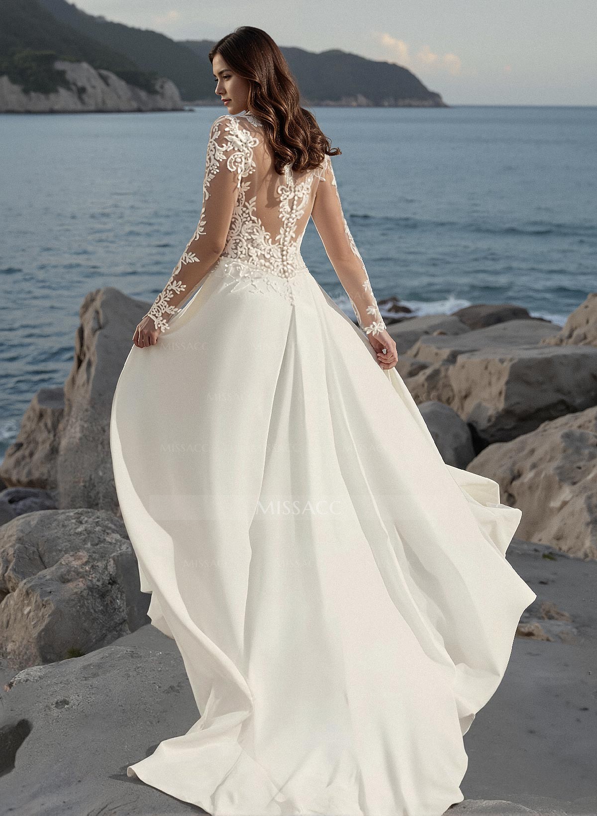 A-Line V-Neck Long Sleeves Lace/Tulle Wedding Dresses With Split Front