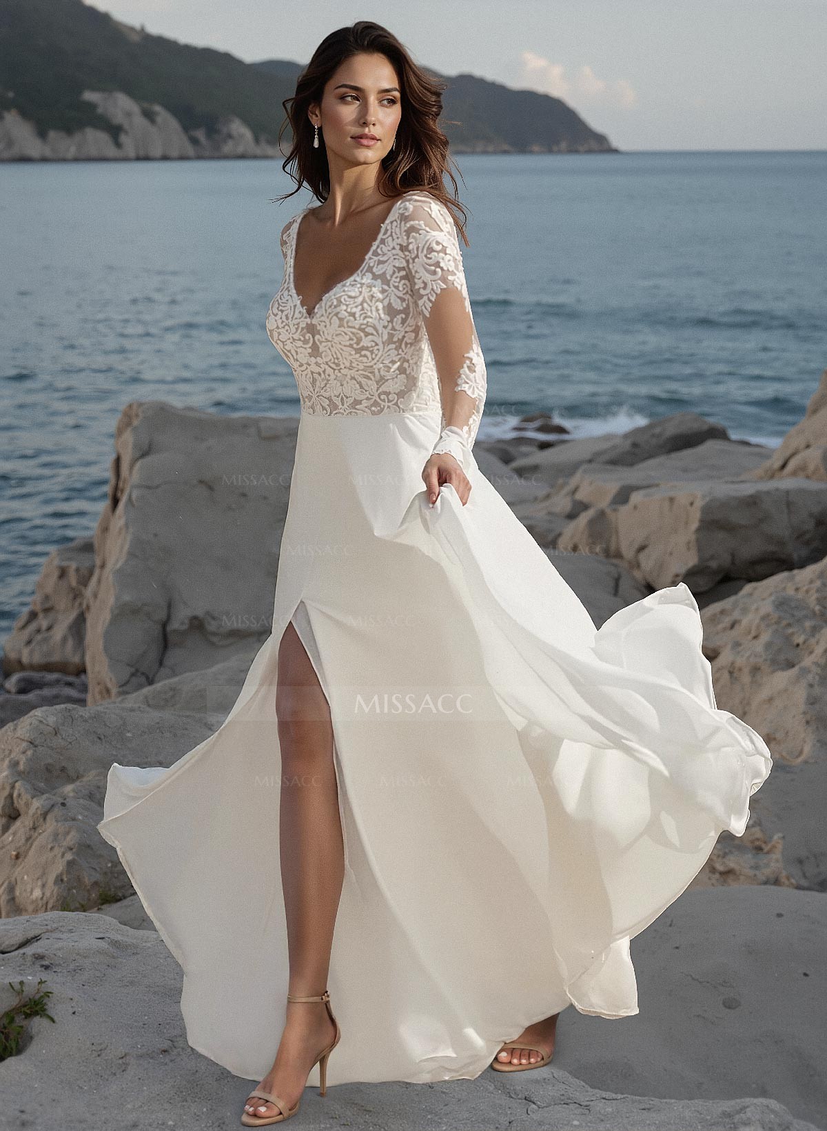 A-Line V-Neck Long Sleeves Lace/Tulle Wedding Dresses With Split Front