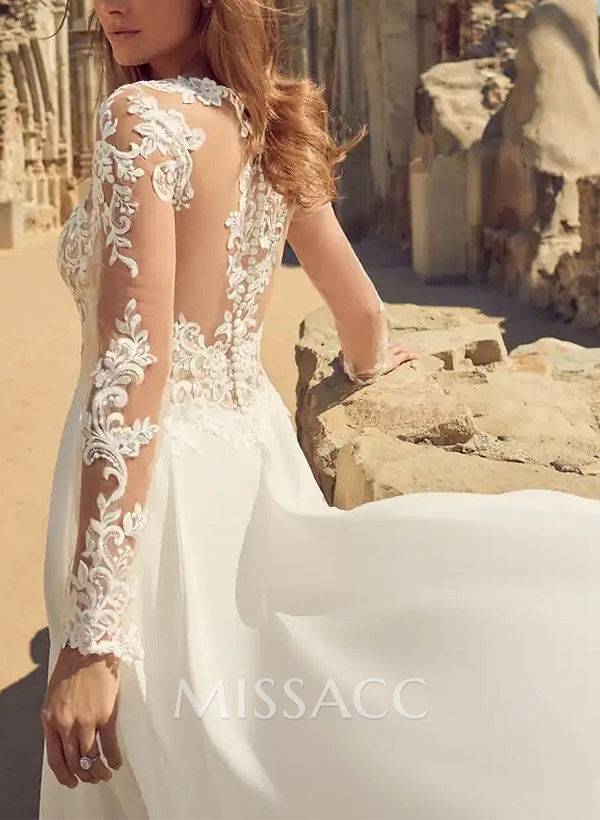 A-Line V-Neck Long Sleeves Lace/Tulle Wedding Dresses With Split Front A-Line V-Neck Long Sleeves Lace/Tulle Wedding Dresses With Split Front