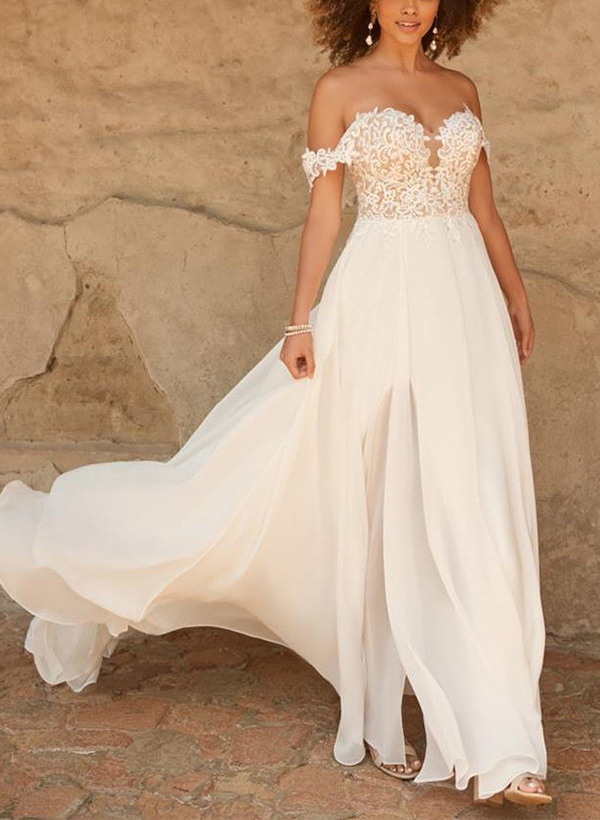 Boho Lace Off-The-Shoulder A-Line Wedding Dresses With Split Front