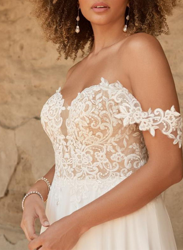 Boho Lace Off-The-Shoulder A-Line Wedding Dresses With Split Front