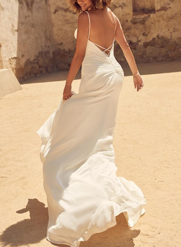 Simple Backless V-Neck Wedding Dresses With Chiffon Split Front