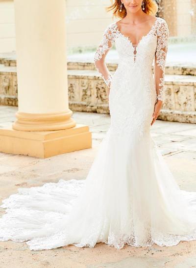 Trumpet/Mermaid V-Neck Long Sleeves Elegant Lace/Tulle Wedding Dresses