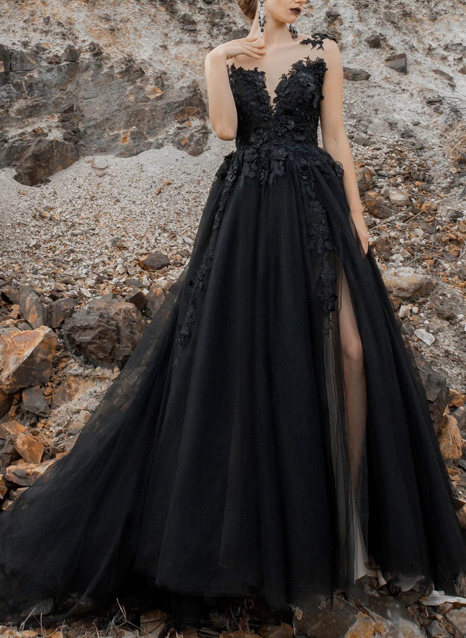 Black Ball-Gown 3D Floral  Wedding Dresses