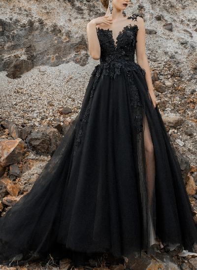 Black Ball-Gown 3D Floral Wedding Dresses