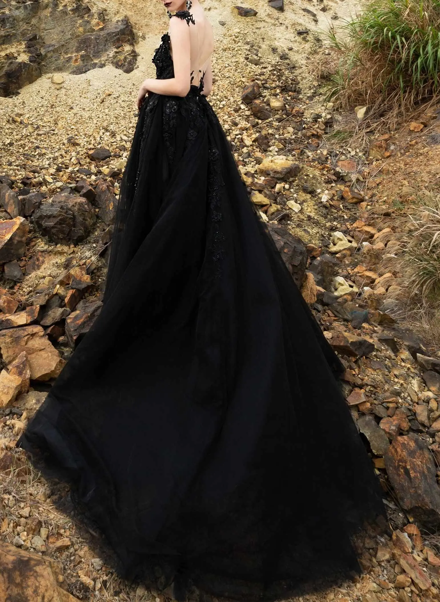 Missacc Black Bride Black Ball-Gown 3D Floral Wedding Dresses Missacc Black Bride Black Ball-Gown 3D Floral Wedding Dresses