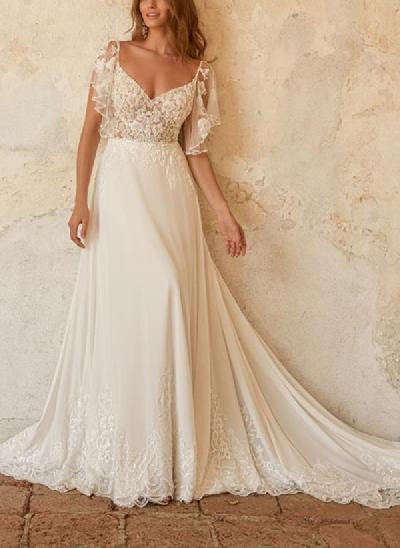 A-Line V-Neck Elegant Lace/Tulle Wedding Dresses With Removable Sleeves