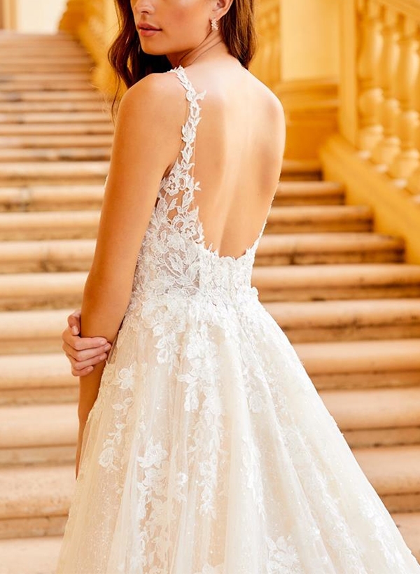 Ball-Gown V-neck Sexy Open Back Lace/Tulle Wedding Dresses
