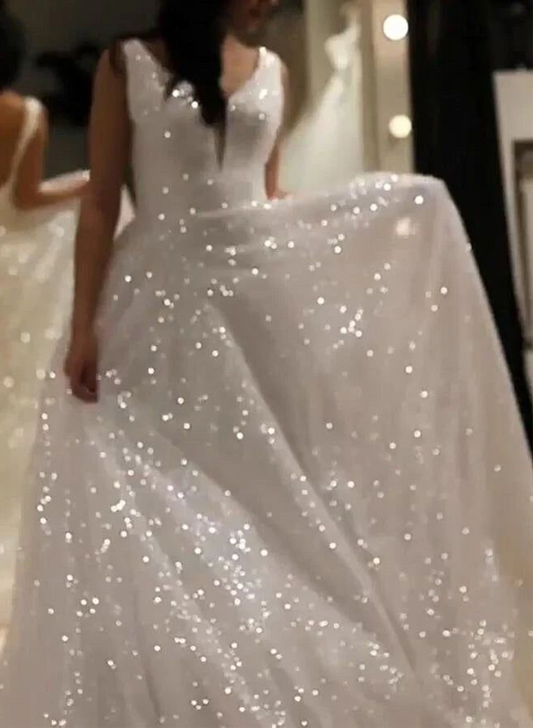 Sparkly Sequined Princess Open Back Wedding Dresses