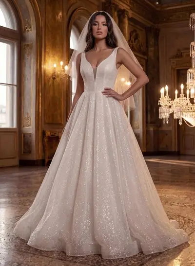 Sparkly Sequined Princess Open Back Wedding Dresses
