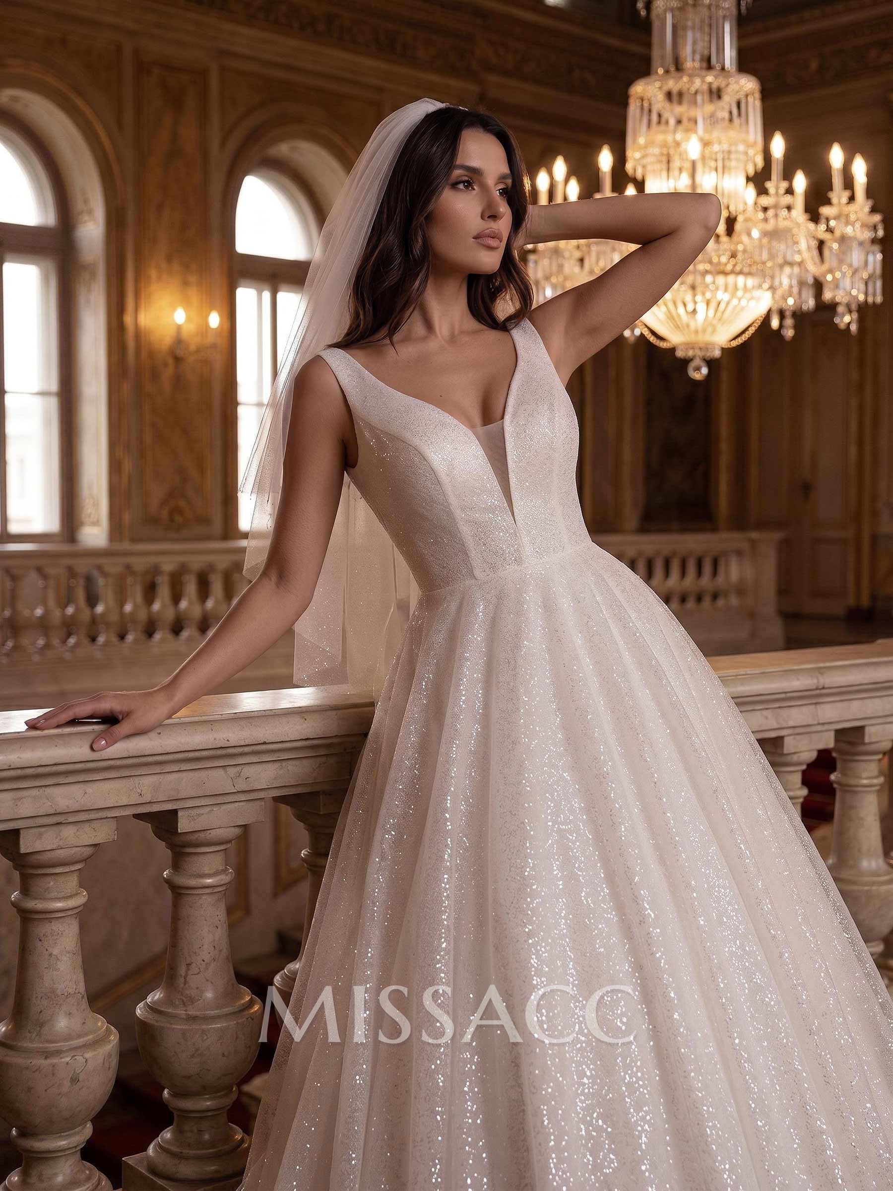 Sparkly Sequined Princess Open Back Wedding Dresses Sparkly Sequined Princess Open Back Wedding Dresses