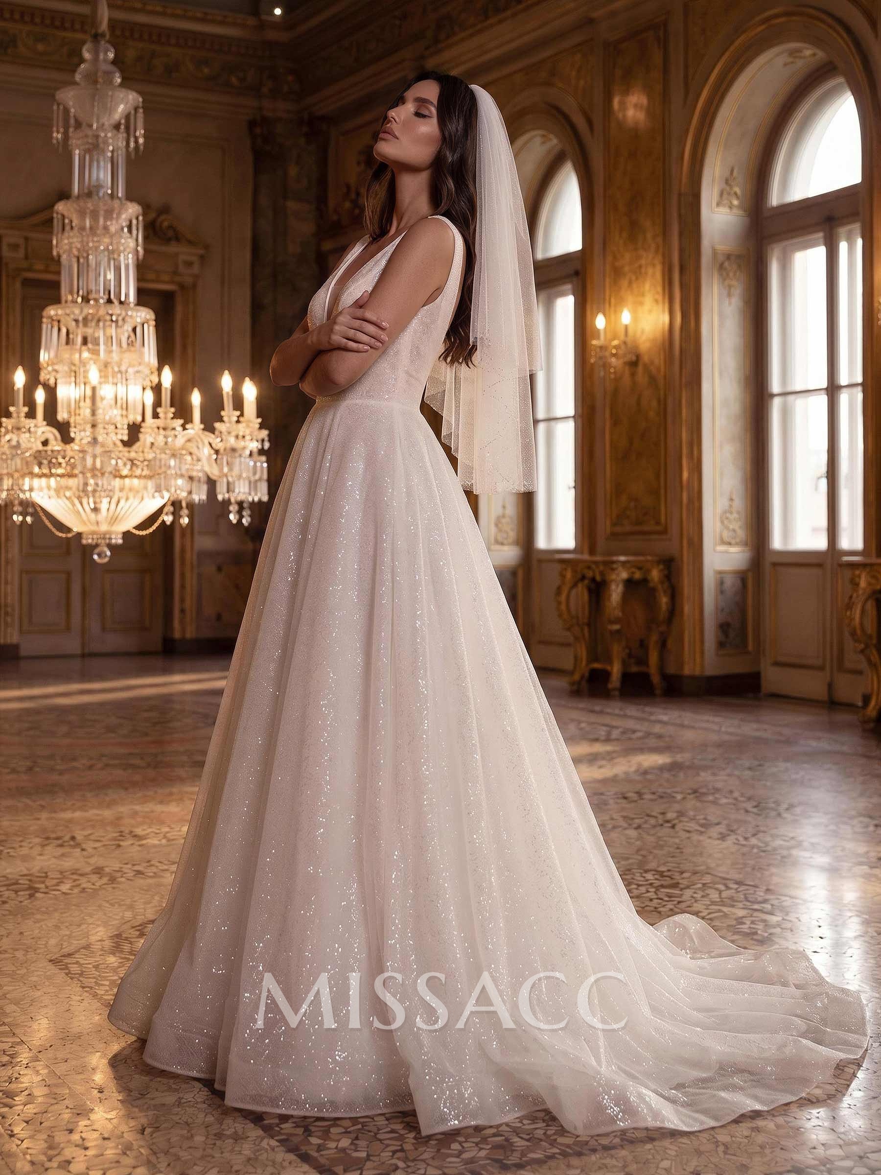 Sparkly Sequined Princess Open Back Wedding Dresses Sparkly Sequined Princess Open Back Wedding Dresses