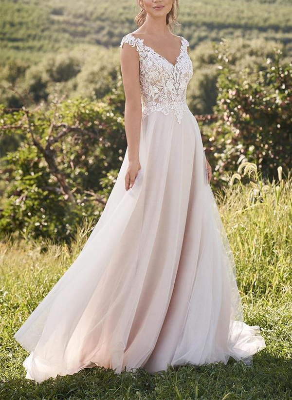 A-Line V-neck Short Sleeves Sweet Court Train Lace/Tulle Wedding Dresses