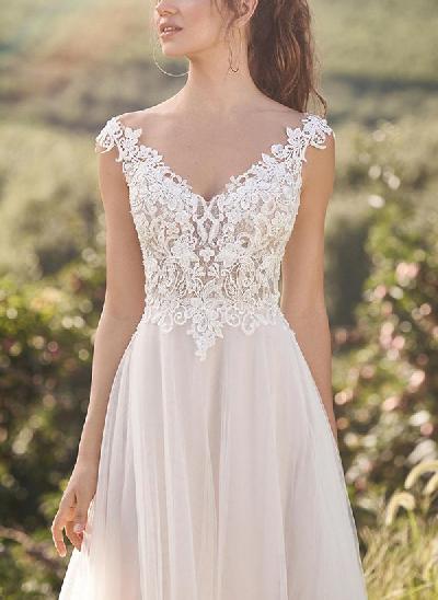 A-Line V-neck Short Sleeves Sweet Court Train Lace/Tulle Wedding Dresses