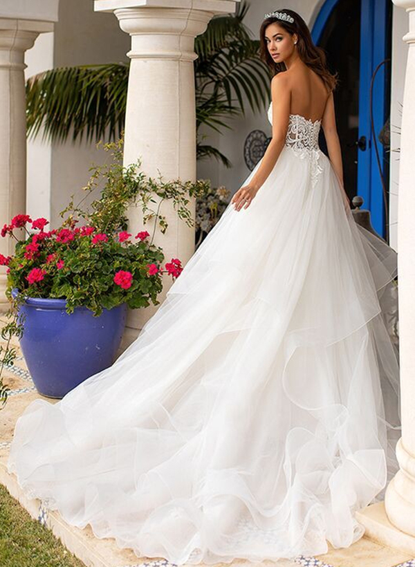 Ball-Gown Sweetheart Lace/Tulle Wedding Dresses With Cascading Ruffles