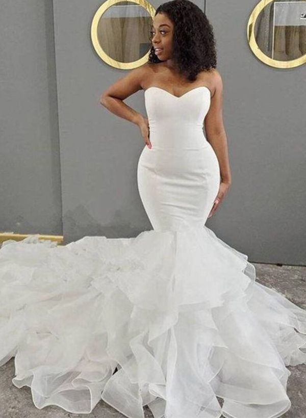 Trumpet/Mermaid Sweetheart Tulle/Elastic Satin Wedding Dresses With Cascading Ruffles