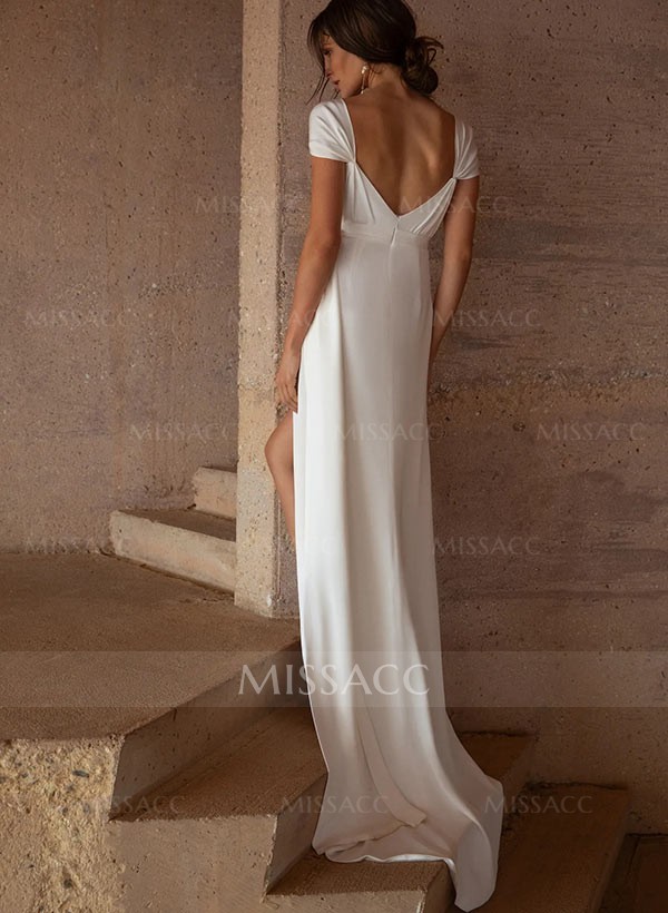 Sheath Cowl Neck Sleeveless Sweep Train Elastic Satin Wedding Dresses With Split Front