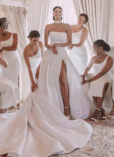 A-Line Strapless Chapel Train Elegant Satin Wedding Dresses With Split Front