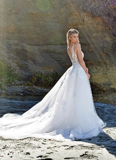 A-Line V-neck Sleeveless Court Train Tulle Wedding Dresses With Appliques Lace