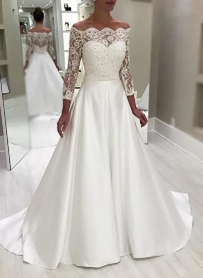 A-Line Off-the-Shoulder Long Sleeves Elegant Lace/Satin Wedding Dresses