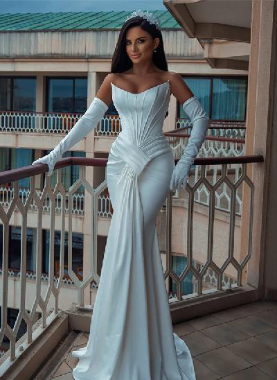 Trumpet/Mermaid Strapless Sleeveless Elegant Sweep Train Satin Wedding Dresses