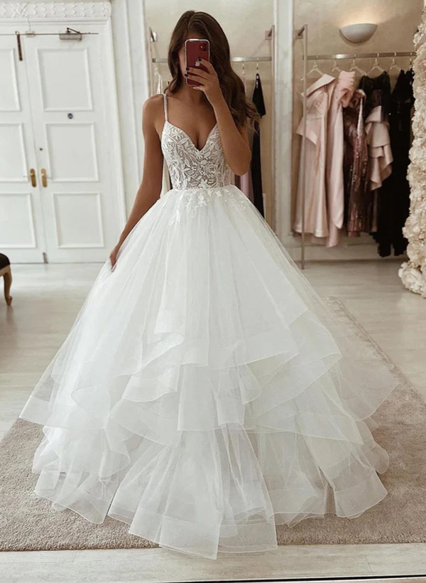Ball-Gown V-Neck Sleeveless Classic Lace/Tulle Wedding Dresses With Cascading Ruffles