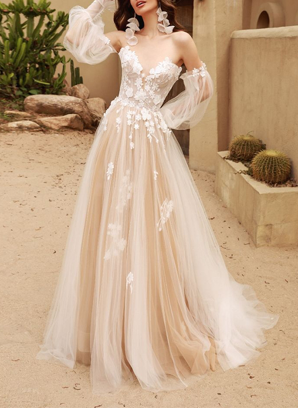 A-Line Off-the-Shoulder Lace/Tulle Wedding Dresses With Detachable Sleeve