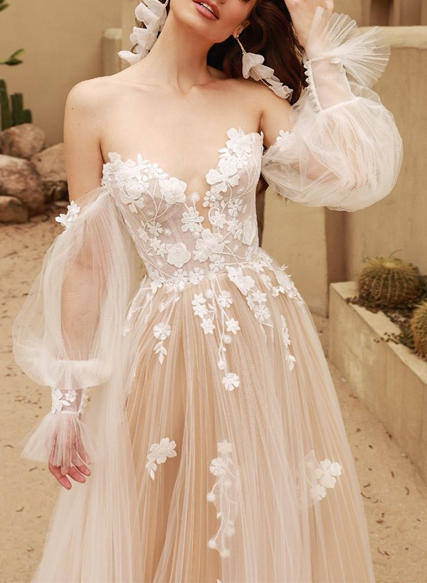 A-Line Off-the-Shoulder Lace/Tulle Wedding Dresses With Detachable Sleeve