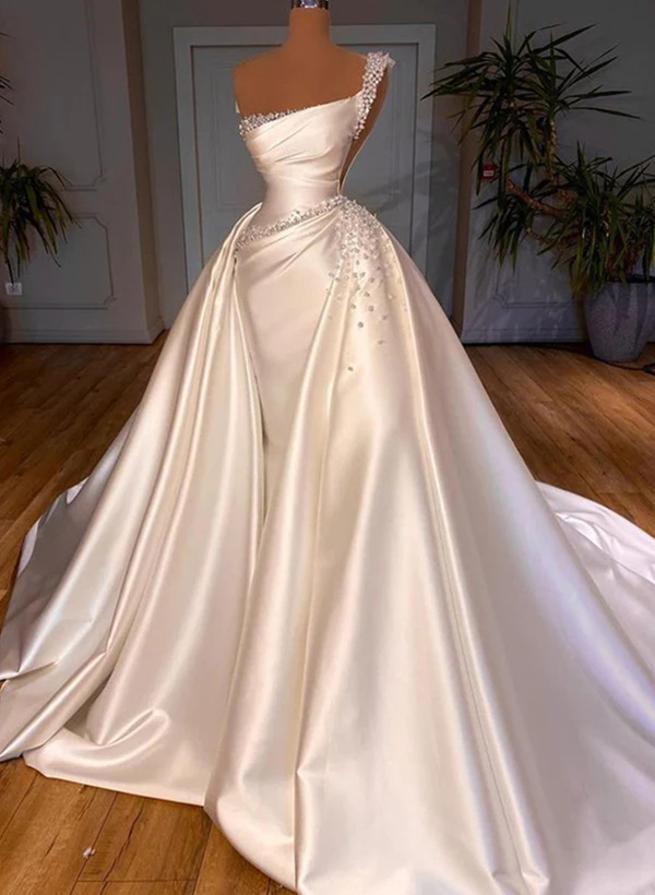 Trumpet/Mermaid One-Shoulder Luxury Satin Wedding Dresses With Beading