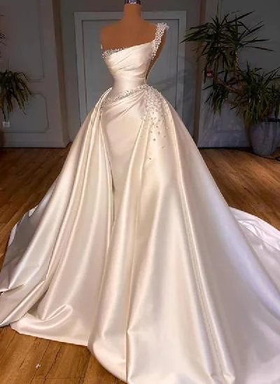 Dreamy Bead Accented One-Shoulder Luxury Satin Wedding Dresses With Overskirt