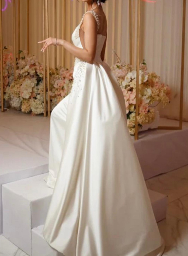 Dreamy Bead Accented One-Shoulder Luxury Satin Wedding Dresses With Overskirt