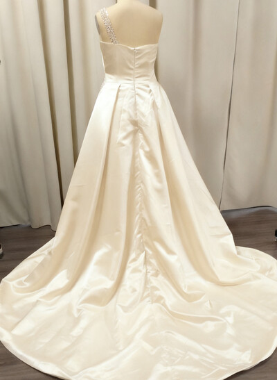 Dreamy Bead Accented One-Shoulder Luxury Satin Wedding Dresses With Overskirt