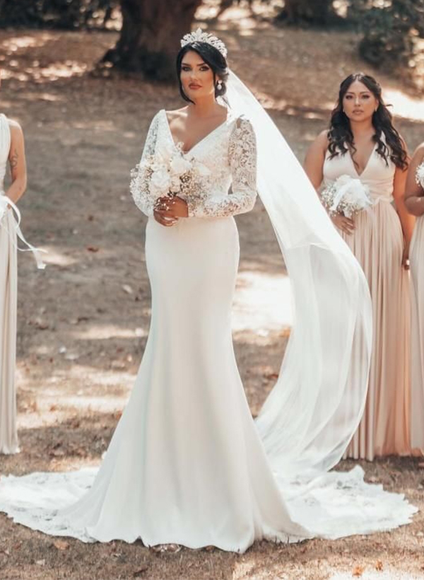 Trumpet/Mermaid Luxury V-neck Long Sleeves Lace/Elastic Satin Wedding Dresses