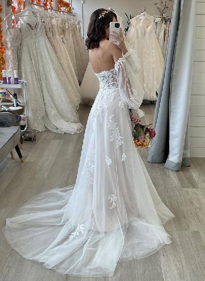 A-Line Sweetheart Long Sleeves Sweep Train Tulle Wedding Dresses With Appliques Lace