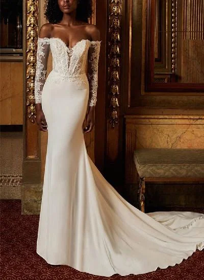 Trumpet/Mermaid Off-the-Shoulder Long Sleeves Elastic Satin Wedding Dresses