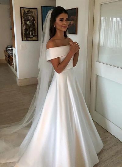 A-Line Off-the-Shoulder Sleeveless Satin Wedding Dresses With Bow(s)