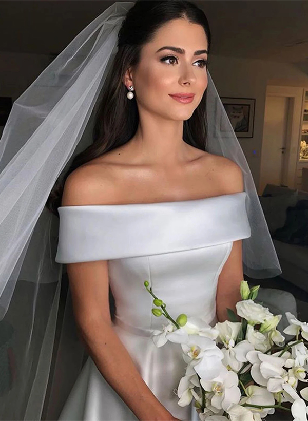 A-Line Off-the-Shoulder Sleeveless Satin Wedding Dresses With Bow(s)