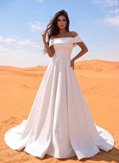 A-Line Off-The-Shoulder Sleeveless Satin Wedding Dresses With Bow(s)